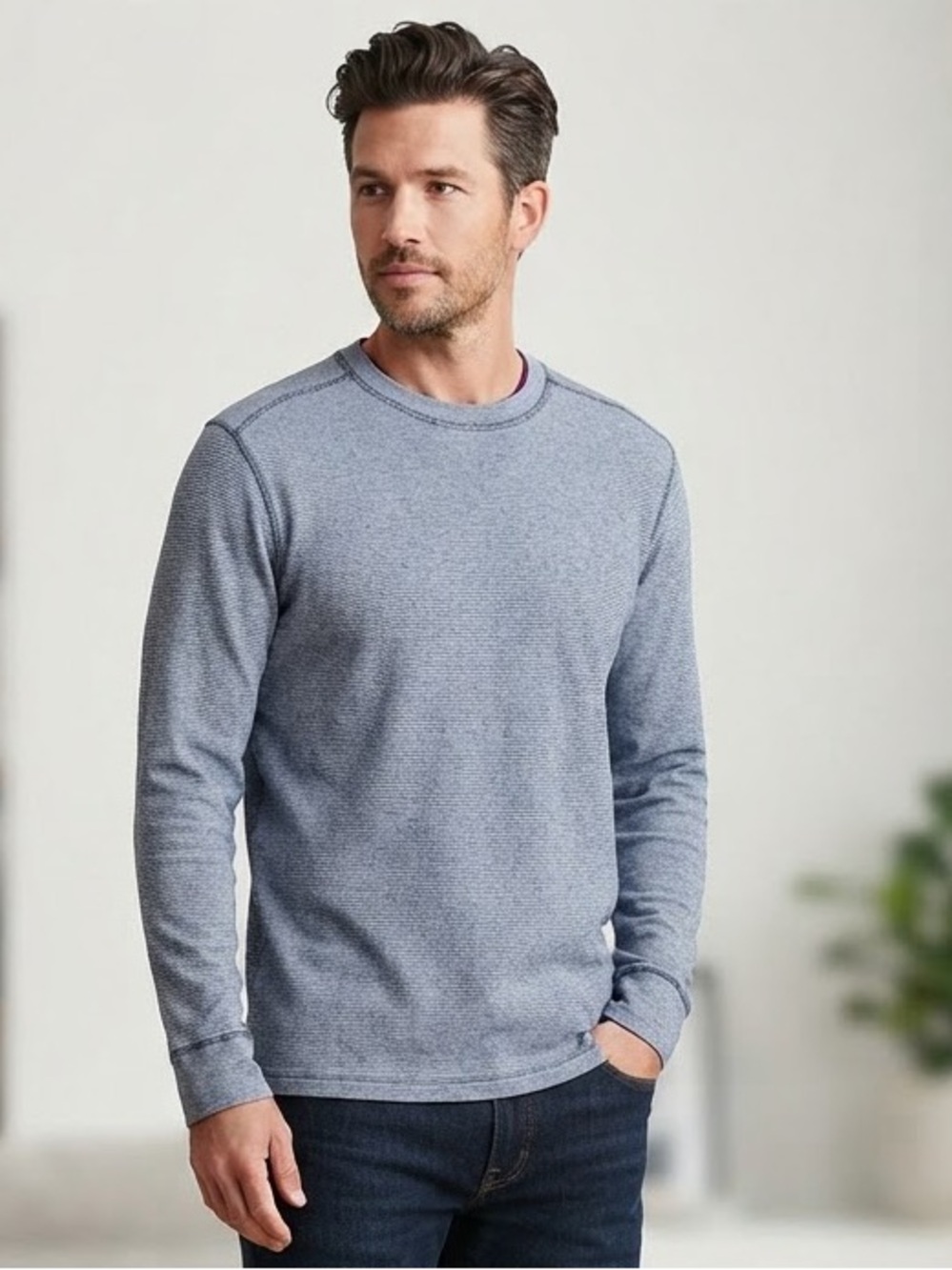 BONOBOS Micro Waffle Knit Long Sleeve Tee L 23” p2p Heather Blue NWOT